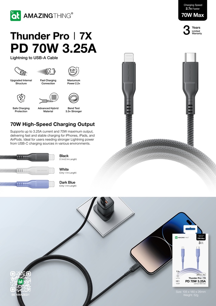 AMAZINGTHING THUNDER PRO I 7X USB-C TO LIGHTNING 3.25A 70W 1.1M CABLE