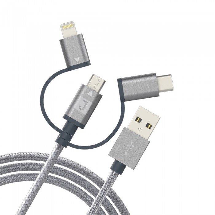 Juku Charge & Sync 3-in-1 Cable (Micro USB, Lightning & USB-C), 1.2M, 2.4A, Space Grey Braided