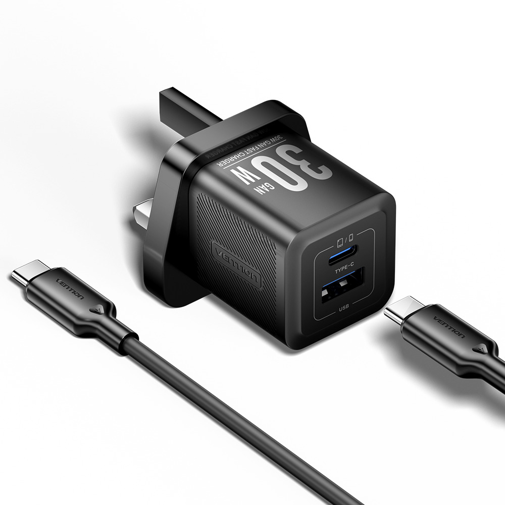 Vention 2-Port USB (C + A) GaN Charger (30W/30W) with USB-C to USB-C Cable (1M) UK-Plug