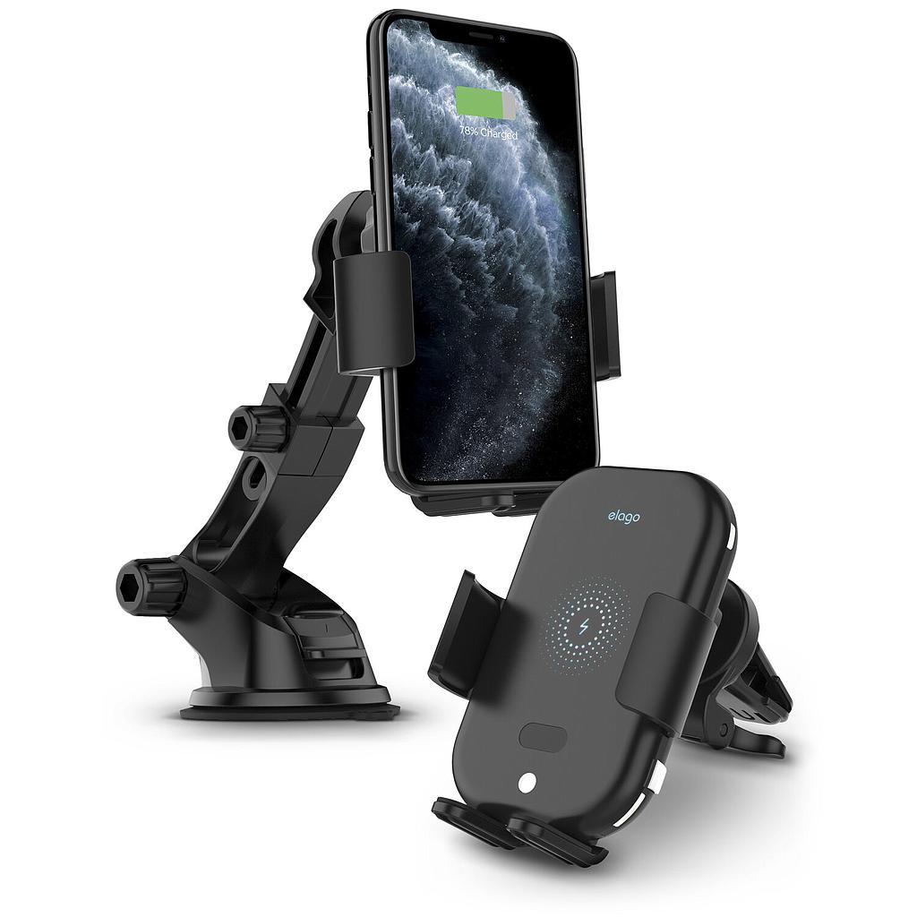 [EMOUNT-WLESS-FC-BK-OP] Elago Wireless Car Fast Charger with Auto-Clamping Car Mount (Included: Car Automatic Charger, Dashboard Mount, Air Vent Clip, USB-C Charging Cable) (Online Packaging)