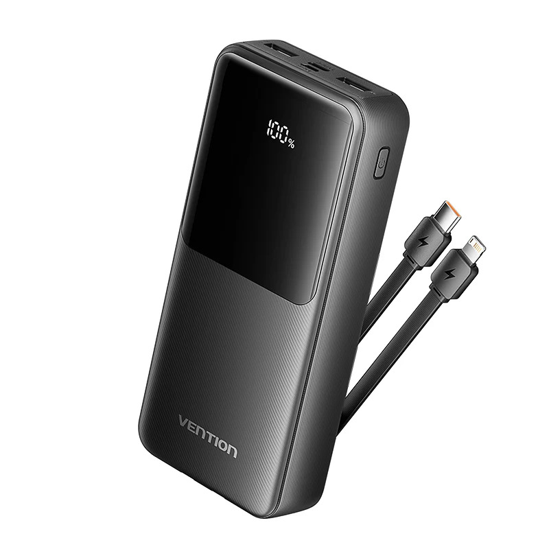[FHPB0] Vention Power Bank 20000mAh (Micro-USB + USB-C + USB-A + USB-A) with Built-in USB-C and Lightning Cables 22.5W (black)
