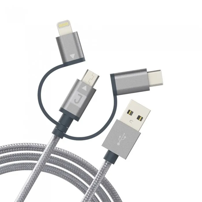 [JUSCDUMLC17] Juku Charge & Sync 3-in-1 Cable (Micro USB,Lightning & USB-C),1.2M,2.4A,Space Grey Braided