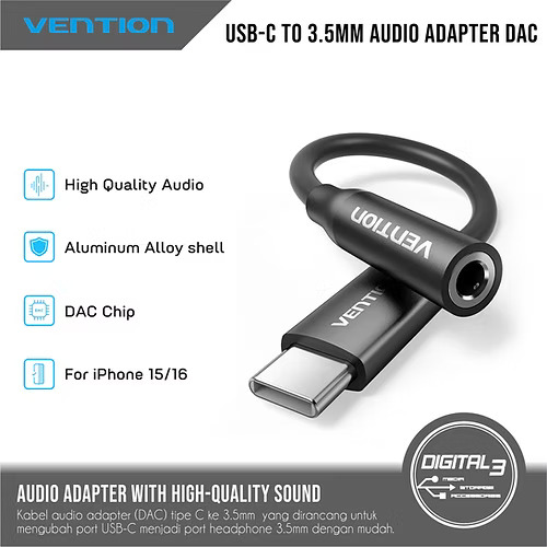 [BIHBA] Vention USB-C Male to 3.5MM Earphone Jack with DAC Adapter 0.1M