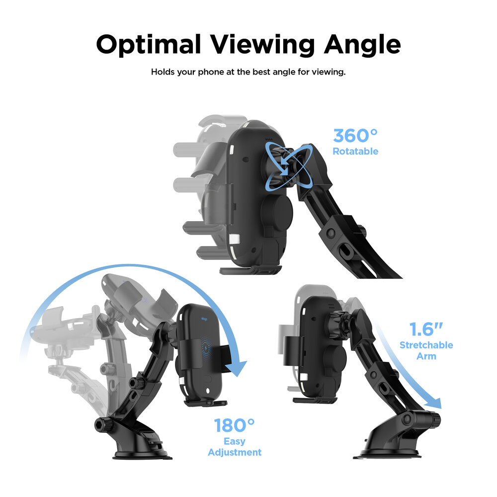 Elago Wireless Car Charger with Auto-Clamping Car Mount (Included: Car Automatic Charger, Dashboard Mount, Air Vent Clip, USB-C Charging Cable) - Black
