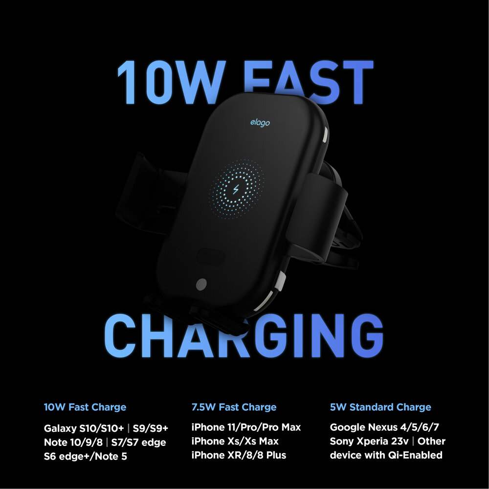 Elago Wireless Car Charger with Auto-Clamping Car Mount (Included: Car Automatic Charger, Dashboard Mount, Air Vent Clip, USB-C Charging Cable) - Black