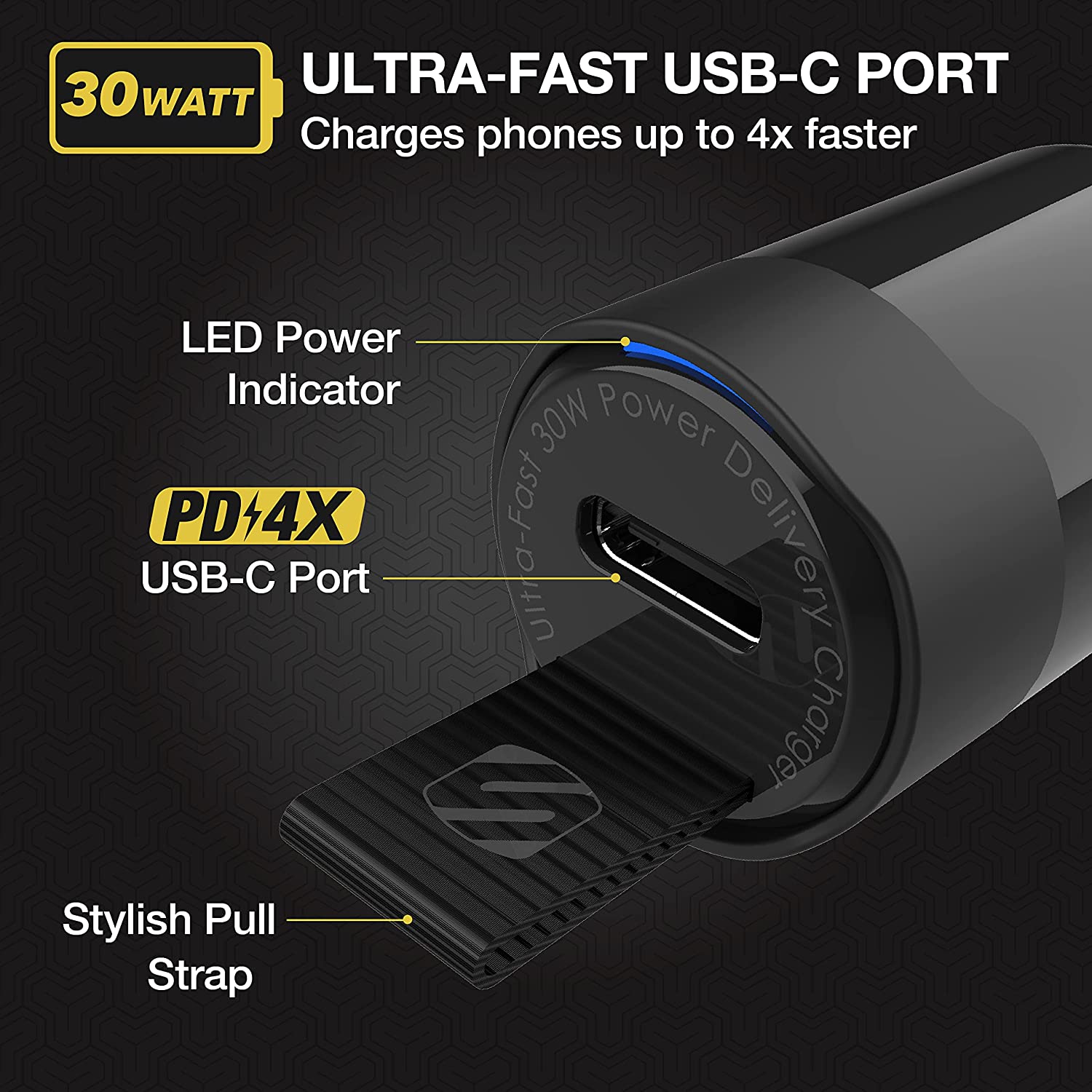 Scosche PowerVolt 30W USB Type-C Fast Car Charger with Fabric Pull Label and Power Delivery 3.0 with PPS for All USB-C Devices