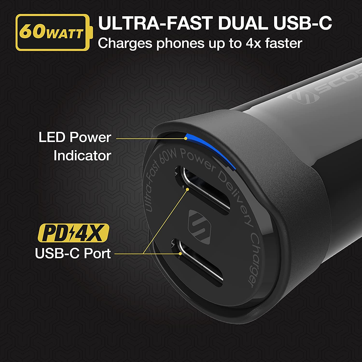 Scosche Powervolt 60W Certified Dual Usb Type-C + Type-C Fast Car Charger Power Delivery 3.0 With Pps For All Smartphones Usb-C Devices - Black