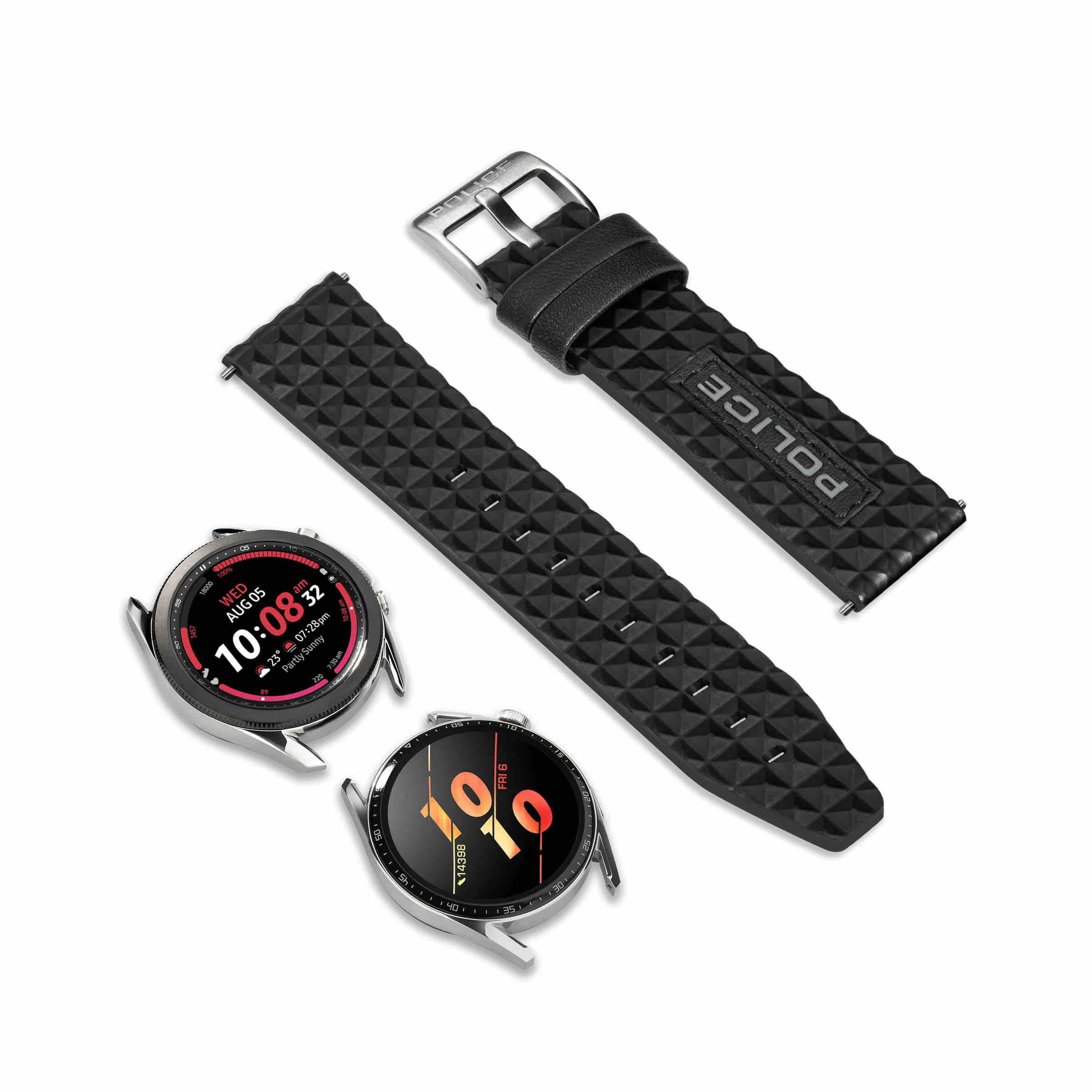 Police Apple Watch Ultra/45/44/42mm, Smart Watch 22mm Pyramid Leather SS Strap