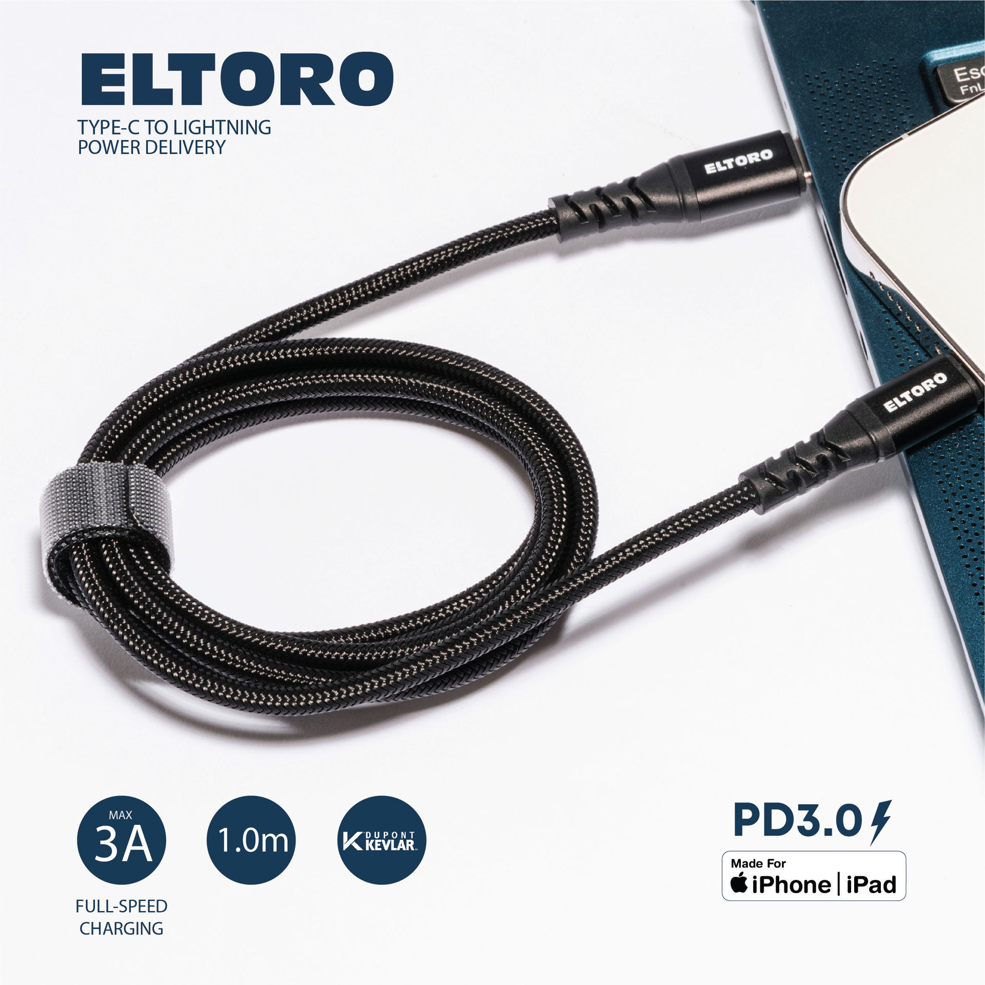 Eltoro Kevlar Cable USB-C to Lightning 1M with Nylon PP Yarn Jacket - Black