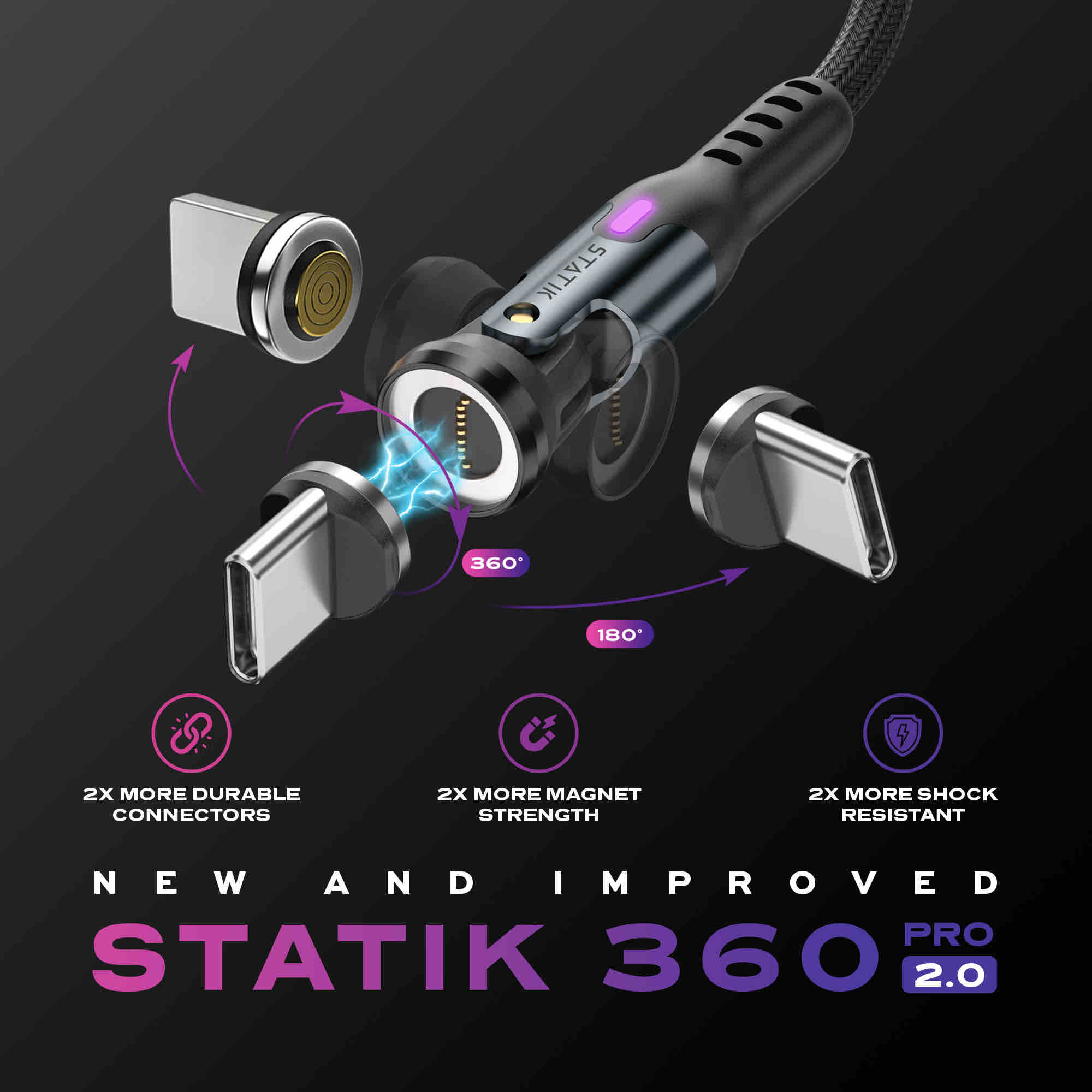 Statik 360 Pro 2.0 Magnetic Tip USB-C Cable 1.8m