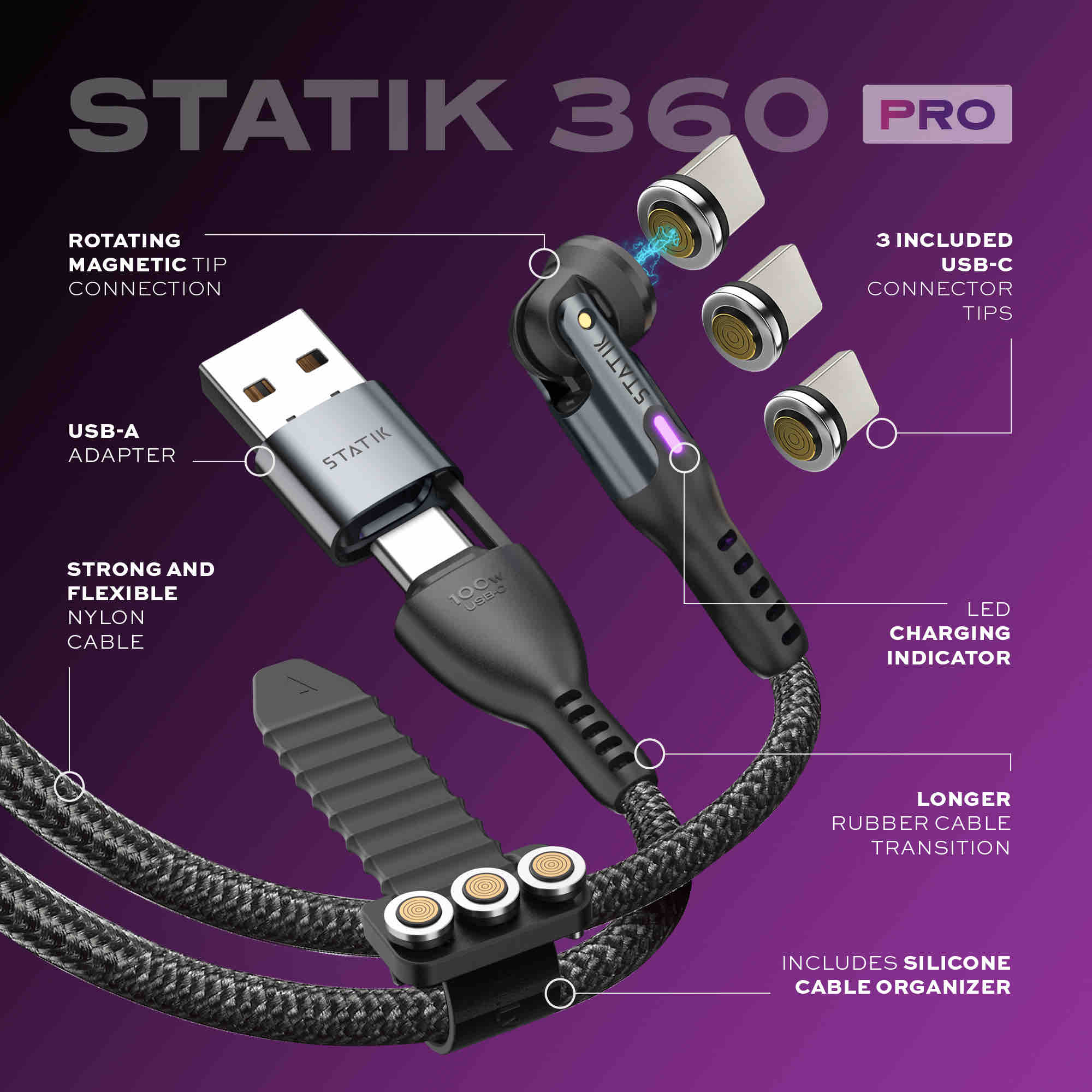 Statik 360 Pro 2.0 Magnetic Tip USB-C Cable 90cm