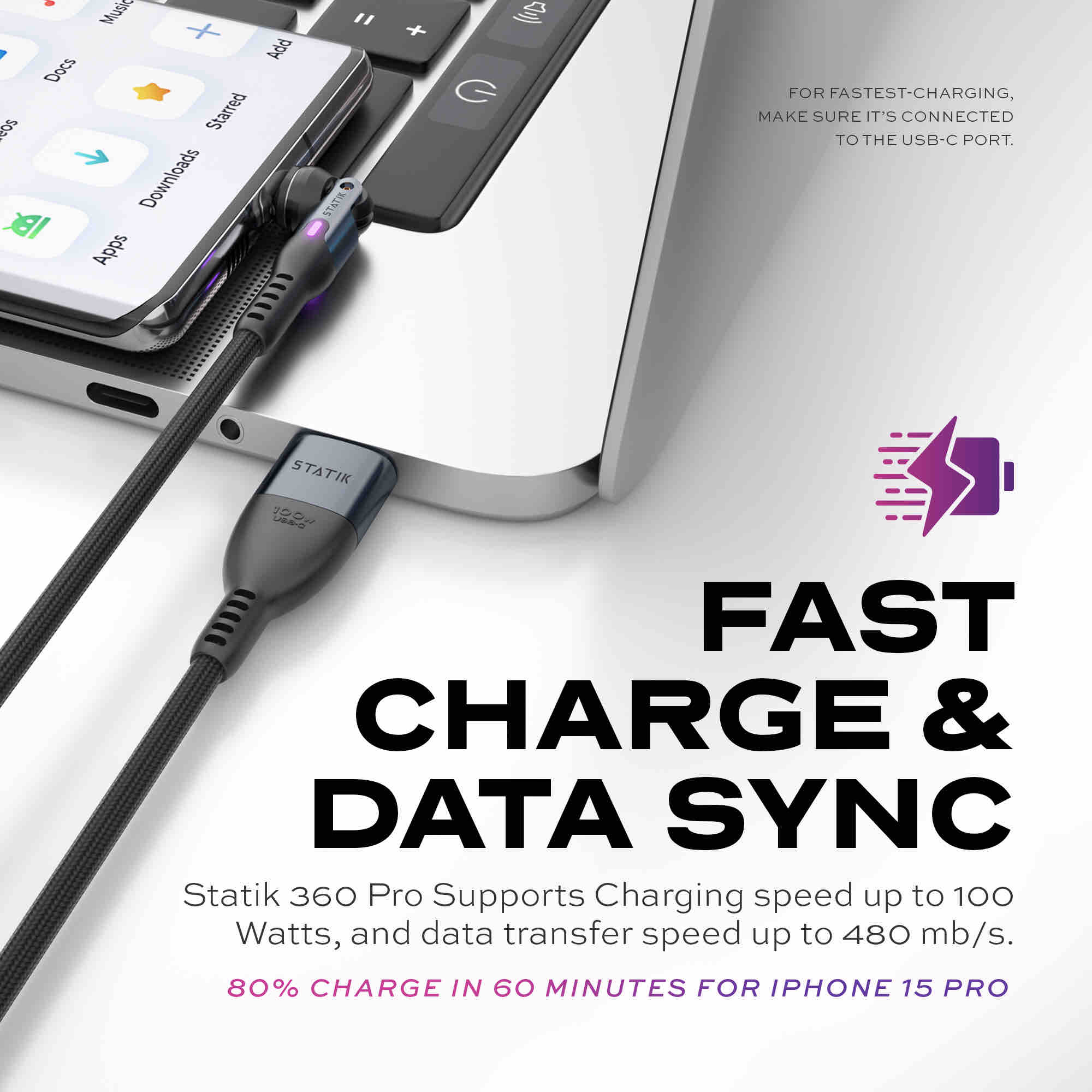 Statik 360 Pro 2.0 Magnetic Tip USB-C Cable 90cm