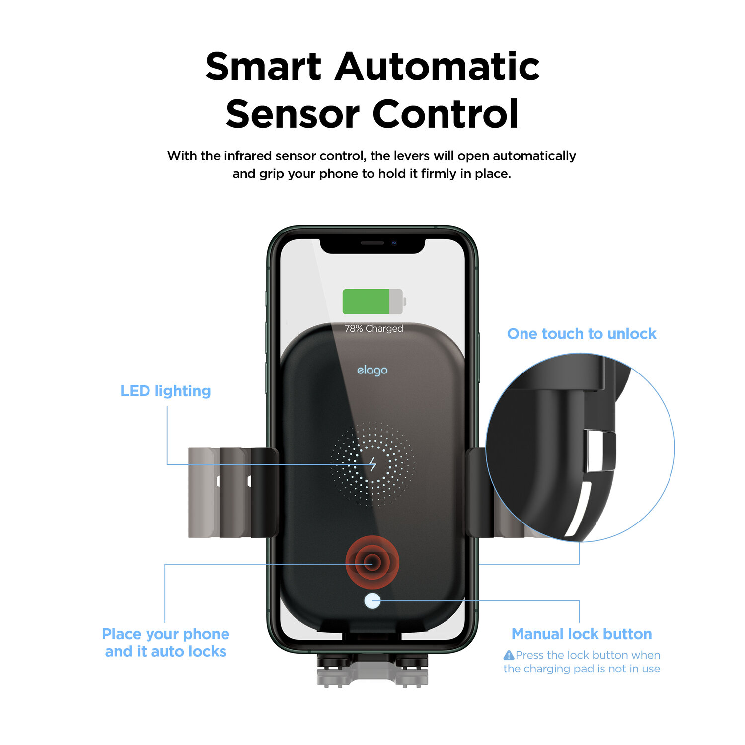 Elago Wireless Car Fast Charger with Auto-Clamping Car Mount (Included: Car Automatic Charger, Dashboard Mount, Air Vent Clip, USB-C Charging Cable) (Online Packaging)