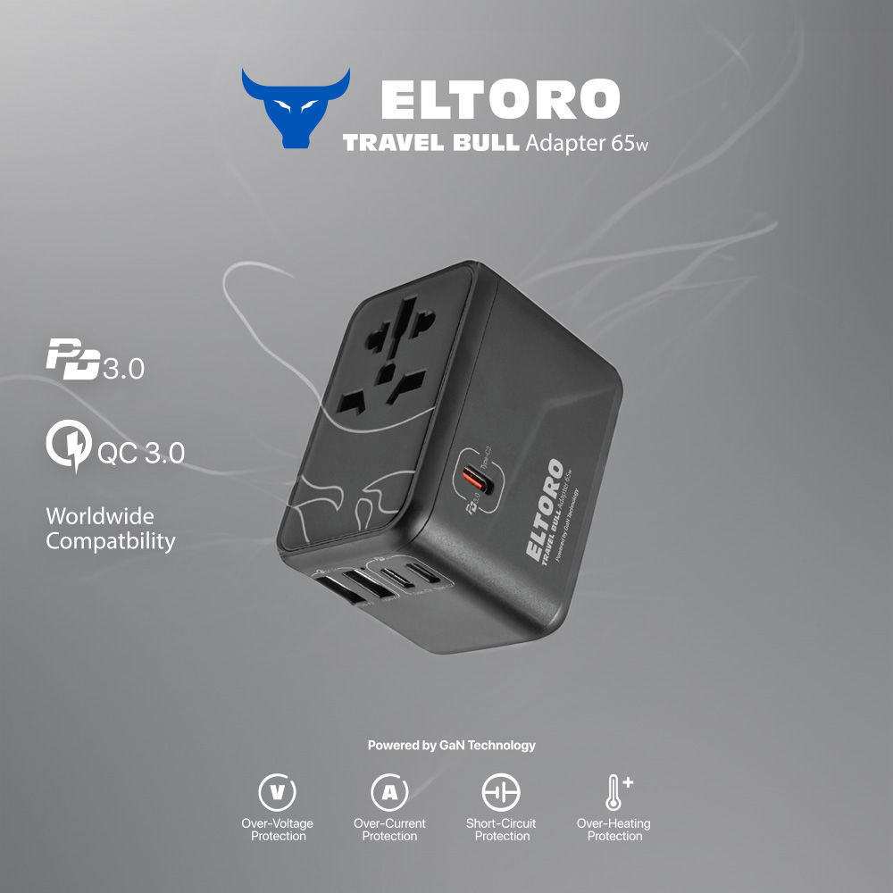 Eltoro 65W Travel Bull Adapter Pd Gan Tech Usb-A 2Ports & Usb-C 3Ports - Black