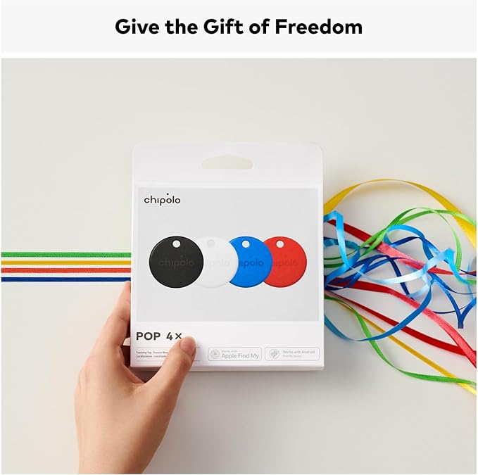 Chipolo POP 4 Pack - Tracking tag compatible with the Apple Find My or Google's Find My Device (Black, Red, White, Blue)