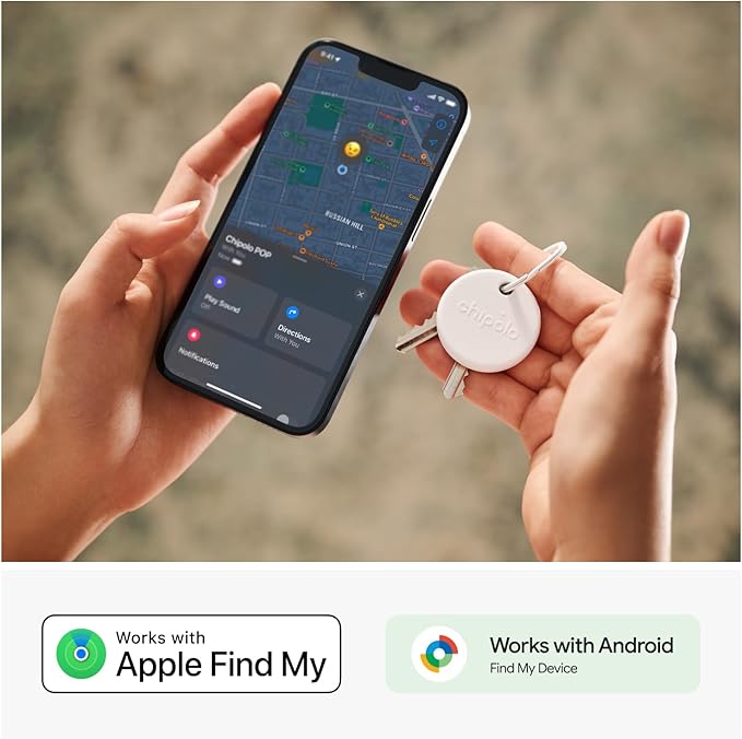 Chipolo POP 4 Pack - Tracking tag compatible with the Apple Find My or Google's Find My Device (Black, Red, White, Blue)