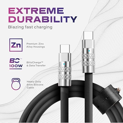 Statik TsumoCharge USB-C to USB-C Cable 100W Fast Charging - Heavy-Duty 6FT/2M Black