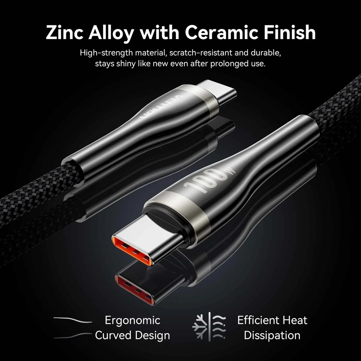 Vention Nylon Braided USB 2.0 C Male to C Male 5A Cable 2M Zinc Alloy Type