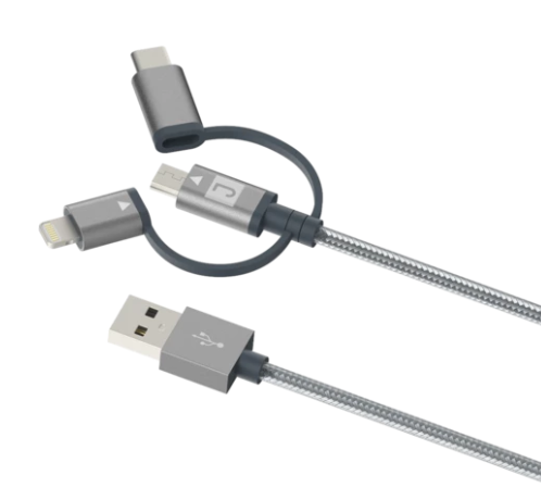 Juku Charge & Sync 3-in-1 Cable (Micro USB, Lightning & USB-C), 1.2M, 2.4A, Space Grey Braided