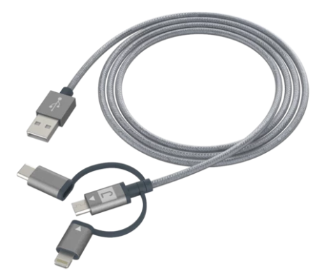 Juku Charge & Sync 3-in-1 Cable (Micro USB, Lightning & USB-C), 1.2M, 2.4A, Space Grey Braided
