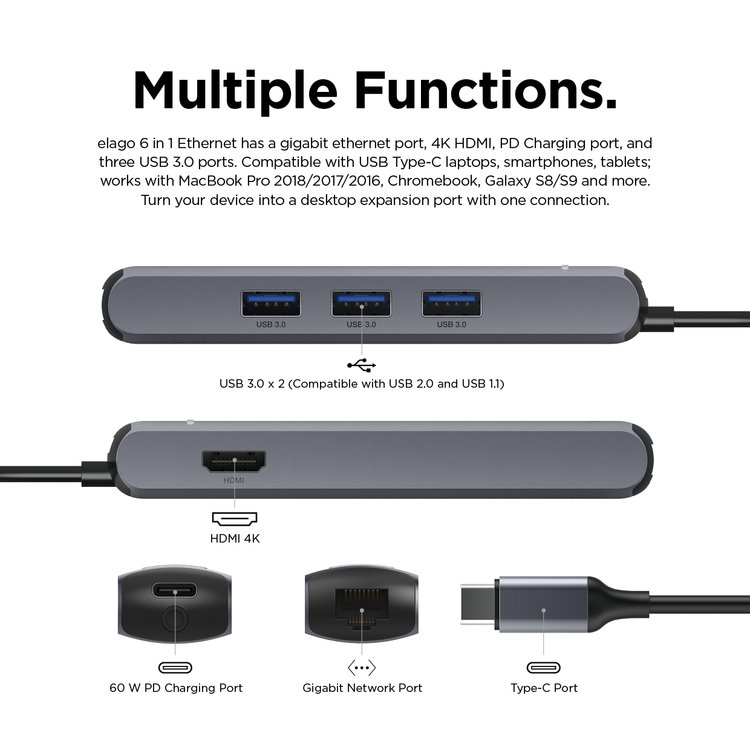 Elago 6 in 1 Ethernet/HDMI Multi Hub USB-C