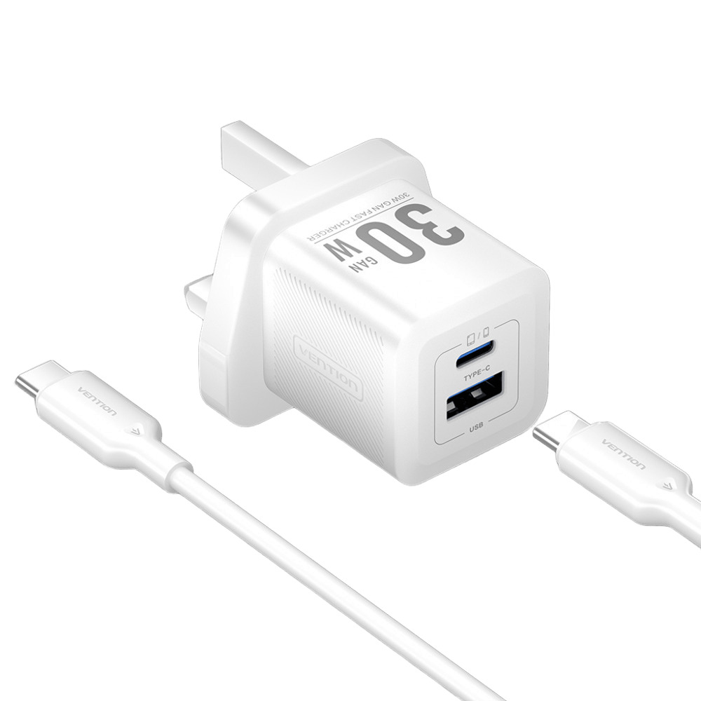Vention 2-Port USB (C + A) GaN Charger (30W/30W) with USB-C to USB-C Cable (1M) UK-Plug
