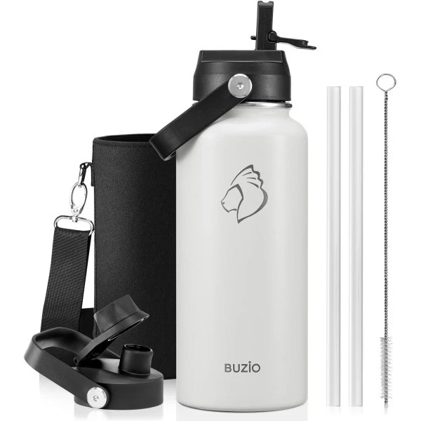 Buzio Duet Series Water Bottle with 2 Lids and Sleeve 1L